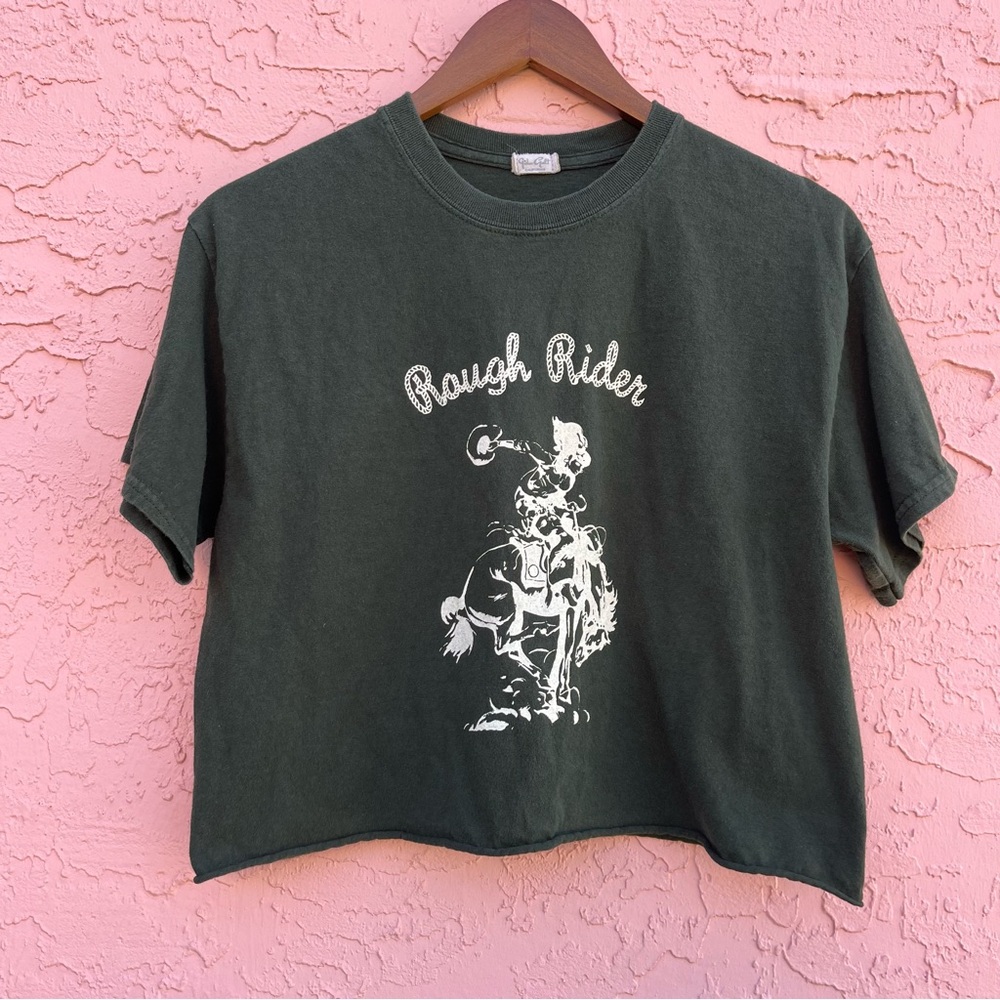 Western Cropped Graphic T-Shirt Green Horse Rough Rider Cowgirl